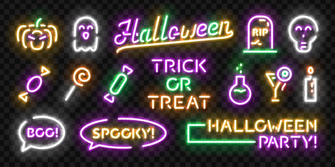 Vector set of realistic isolated neon sign of Halloween logo for template decoration and invitation covering on the transparent background.