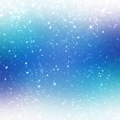 Soft light snow falling on blue winter background. Creative wonderful blur illustration. Christmas holiday decor.
