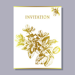 greeting invitation card template design with apple Sakura and Ethnic ornament, floral design for banner, flyer, invitation, poster, web site or greeting card. Vector illustration