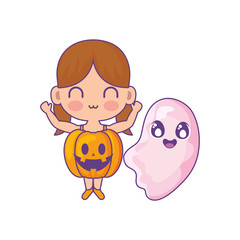 girl disguised of pumpkin with ghost