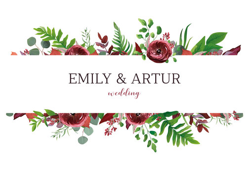 Wedding invite, invitation, save the date card. Vector floral bouquet frame design: red garden Anemone flower, seeded burgundy & silver eucalyptus branches, green fern leaves. Perfect elegant template