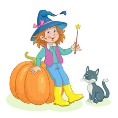 Cute little girl in a witch hat sits on a big orange pumpkin. A black and white cat is sitting near.  In cartoon style. Isolated on a white background.