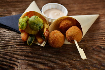 Spanish Tapas, Balls with Octopus and Vegetable Tempura