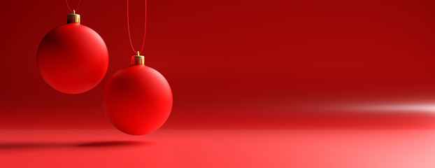 Xmas balls against red color curved background, banner. 3d illustration