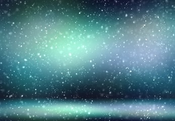 Amazing winter holiday 3d background. Dark green gleaming wall and floor texture. Snow falling in magic studio. Night illumination. Xmas style.