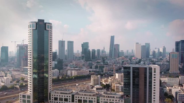 Flying between skycrapers Drone footage tel aviv skyline buildings and traffic