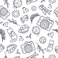 Seamless doodle pattern with travel objects.