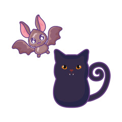 cute cat with bat flying on white background
