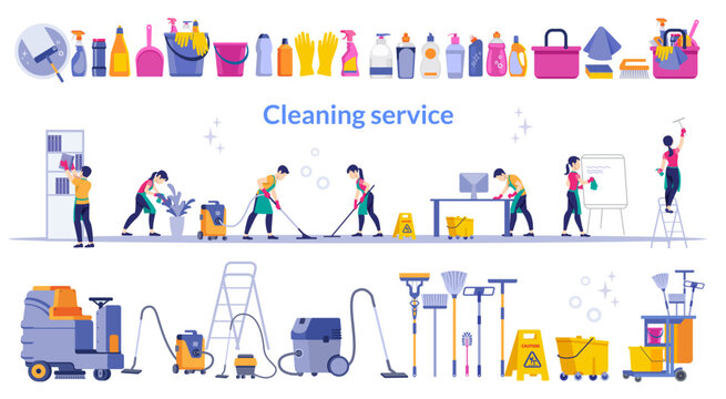 Cleaning service. Team of cleaning service working at office and a large set cleaning tool.