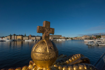 Morning view over Stockholm inner harbour with boats, piers and islands an autumn day.