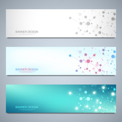 Fototapeta na wymiar Banners design template with molecular structures and neural network. Abstract molecules and genetic engineering background. Science and innovation technology concept.