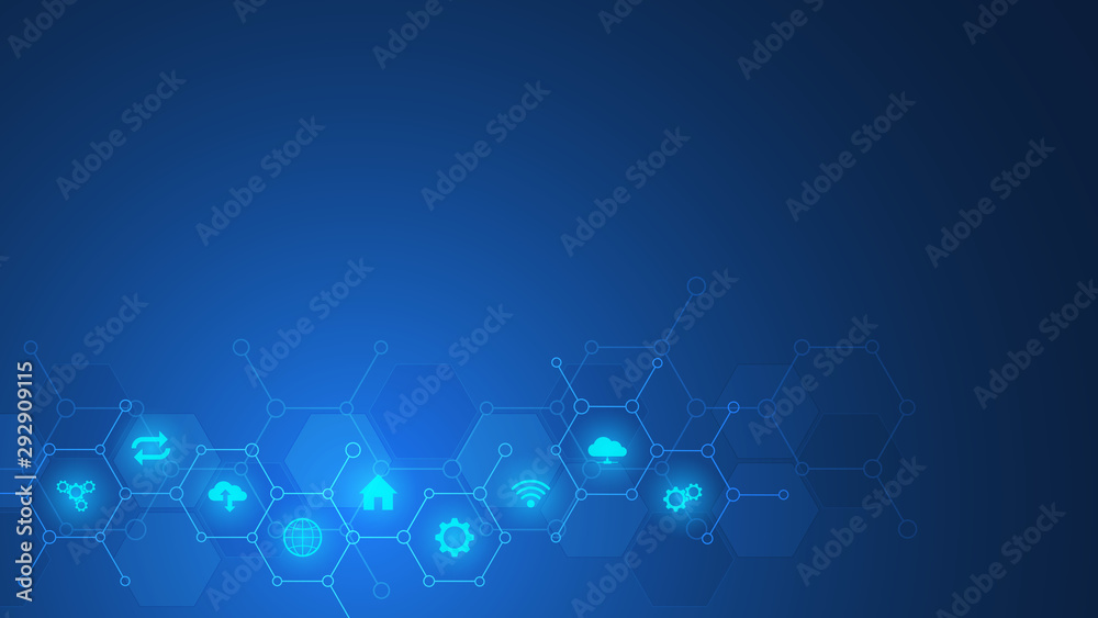 Poster technology background with flat icons and symbols. concept and idea for internet of things, communic