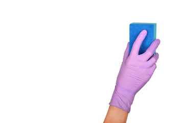 Sponge for washing dishes in female hand. Hand in a latex glove isolated on white. Woman's hand gesture or sign isolated on white.