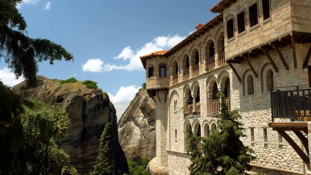 Orthodox Meteora monasteries located on the greek rocks. Greece. 4K