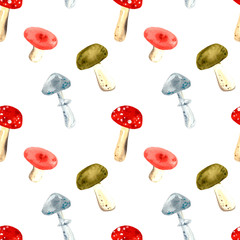 Fototapeta na wymiar Seamless pattern with hand-drawn bright autumn mushrooms on a white background.
