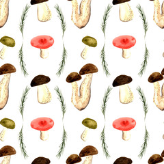 Seamless pattern with hand-drawn bright autumn mushrooms and leaves on a white background.