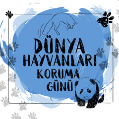 Dunya Hayvanlari Koruma Gunu (World Animal Day) With cute little baby panda and jumping fox. Sketch and doodle style. © lazyintrovert