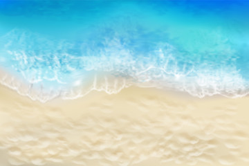 Waves on the seashore. View from the top of the sandy beach. Summer day. Vector illustration.