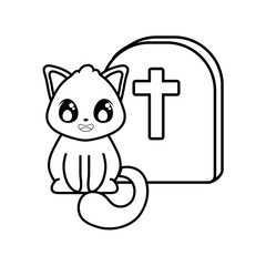 cute cat with graveyard tombstone on white background