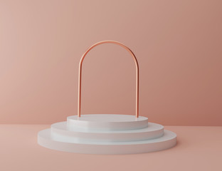 White podium steps with copper gate geometric shape. Modern background for product design.Trendy minimal scene.White and copper elements on  pastel coral background. 3d render, 3d illustration Mock up
