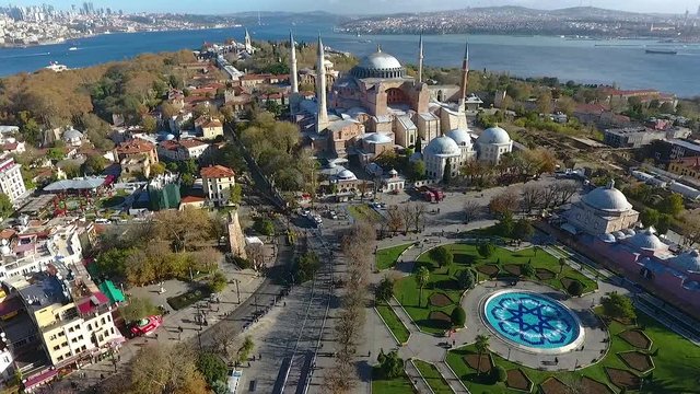 Aya Sofya museum aerial footage at dawn, Istanbul old town, , oe01