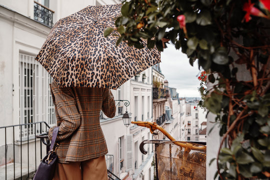Rear, back view of fashionable, stylish woman holding leopard print umbrella, wearing trendy autumn beige houndstooth blazer, trousers, posing in street of Paris. Copy, empty space for text