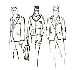Stylish handsome mans in fashion clothes. Hand drawn beautiful young mens. Stylish mens. Fashion mens sketch. Fashion men model.
