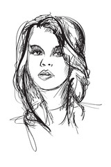 Beautiful young woman with hairstyle and expressive look. Fashion sketch. Fashion girls face. Hand-drawn fashion model. Woman face on a white background. Cosmetics.