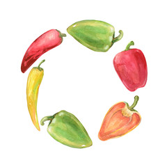 round watercolor frame of different peppers
