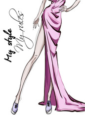 Legs of a beautiful young woman in pink dress. Hand drawn fashion girl. Fashion model posing. Sketch. Vector illustration. Defile