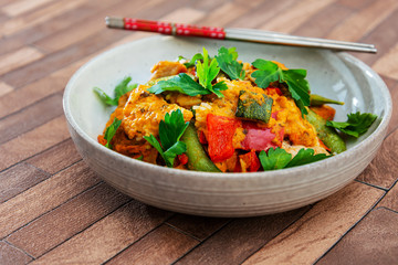 Tikka massala chicken basmati rice and crunchy vegetables