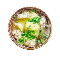 Minced pork and soya bean curd soup.
