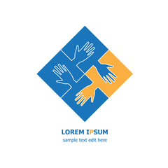 Four organization cooperation icon logo - four pieces of jigsaws and hands connected together.