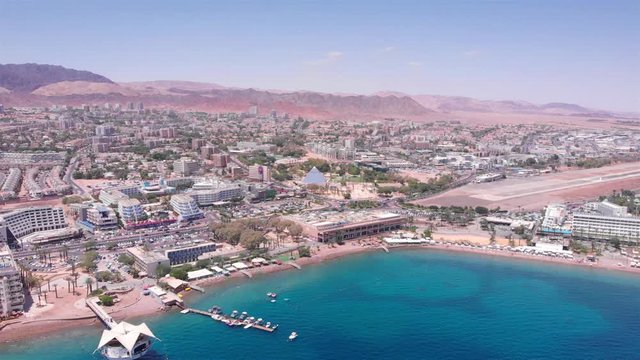 Aerial footage of Eilat city and Shoreline Drone footage over Eilat And coastline, Israel