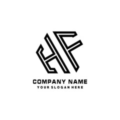 HF initial letters, hexagon logo minimalist art lines, black color