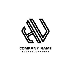 HU initial letters, hexagon logo minimalist art lines, black color