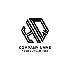 HQ initial letters, hexagon logo minimalist art lines, black color