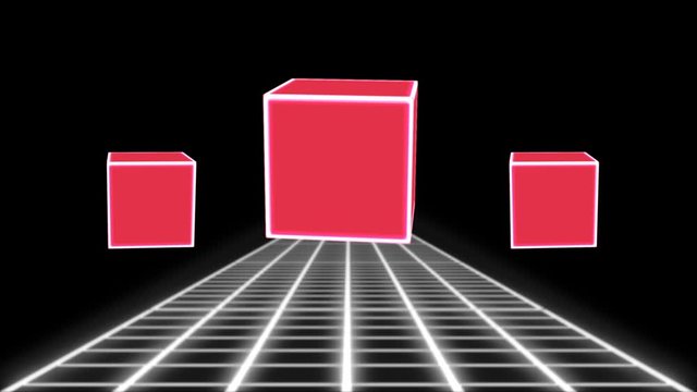 Retrowave Nostalgic Background. Geometric Objects In Cyberspace. Looped Animation