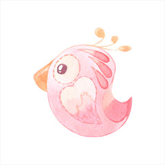 Watercolor illustration with cartoon pink bird on a white background. Ideal for packaging, textiles and printing.