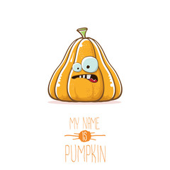 vector funny cartoon cute orange smiling pumkin isolated on white background. My name is pumkin vector concept illustration. vegetable funky halloween or thanksgiving day character