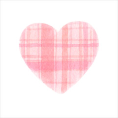 Watercolor illustration of a pink checkered heart on a white background in cartoon style for Valentine's day