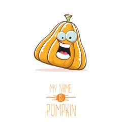 vector funny cartoon cute orange smiling pumkin isolated on white background. My name is pumkin vector concept illustration. vegetable funky halloween or thanksgiving day character