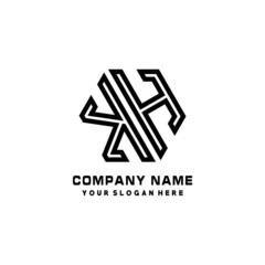 KH initial letters, hexagon logo minimalist art lines, black color