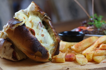 Beef Sandwich with Cheese and French Fries