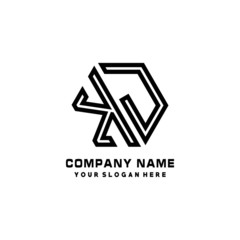 KJ initial letters, hexagon logo minimalist art lines, black color