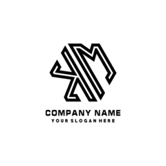 KM initial letters, hexagon logo minimalist art lines, black color