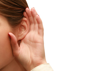 woman listening to gossip on a white background