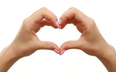 Closeup photo of heart with hands on a white background