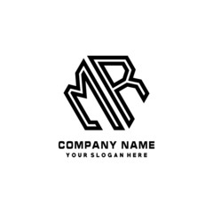 MR initial letters, hexagon logo minimalist art lines, black color
