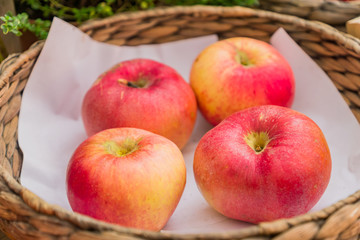 Close up of four ripe red juicy apples in a wicker basket